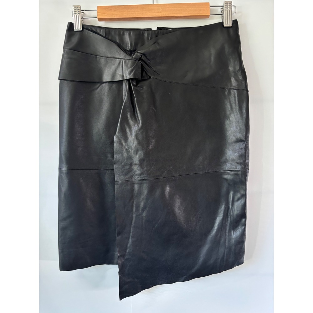 Ba&sh Lea Leather Skirt Women 6 Noir Black Good Asymmetrical Twist Front Midi